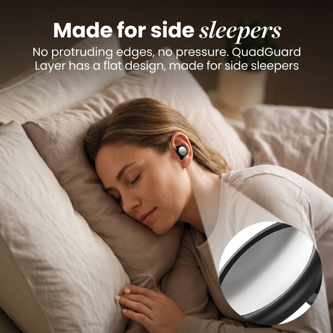 Woman sleeping on her side in an earplug, with a close-up circle of its flat, smooth outer disc 7