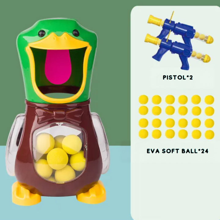 Duck target with a bow tie beside two launchers and twenty-four yellow foam balls, showing the larger set 7