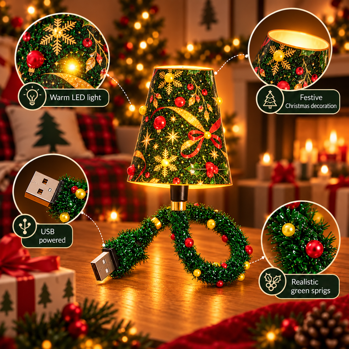 Lamp on a table with four close-up circles showing the shade, glowing light, USB plug and tinsel cord 7
