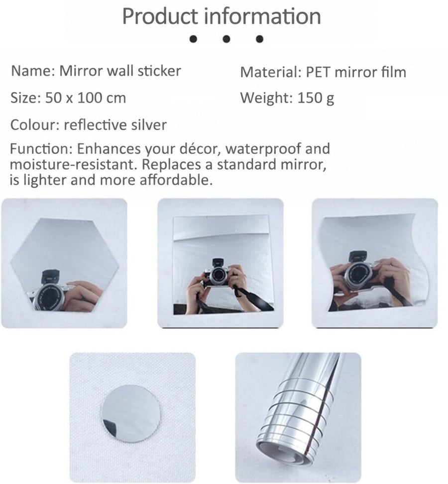 Product information card with a camera reflected in hexagon, square and wavy-edged mirror pieces, plus the film roll 8