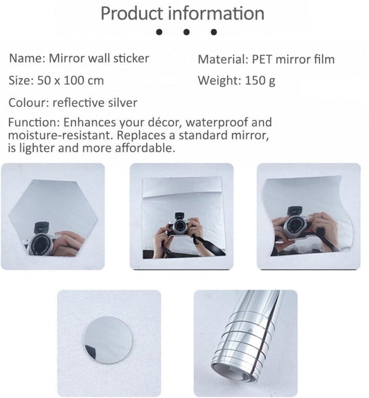 Product information card with a camera reflected in hexagon, square and wavy-edged mirror pieces, plus the film roll 8