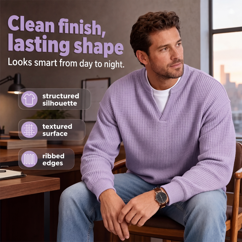 Seated model in the lavender top with a watch, beside icons for silhouette, texture and ribbed edges 6