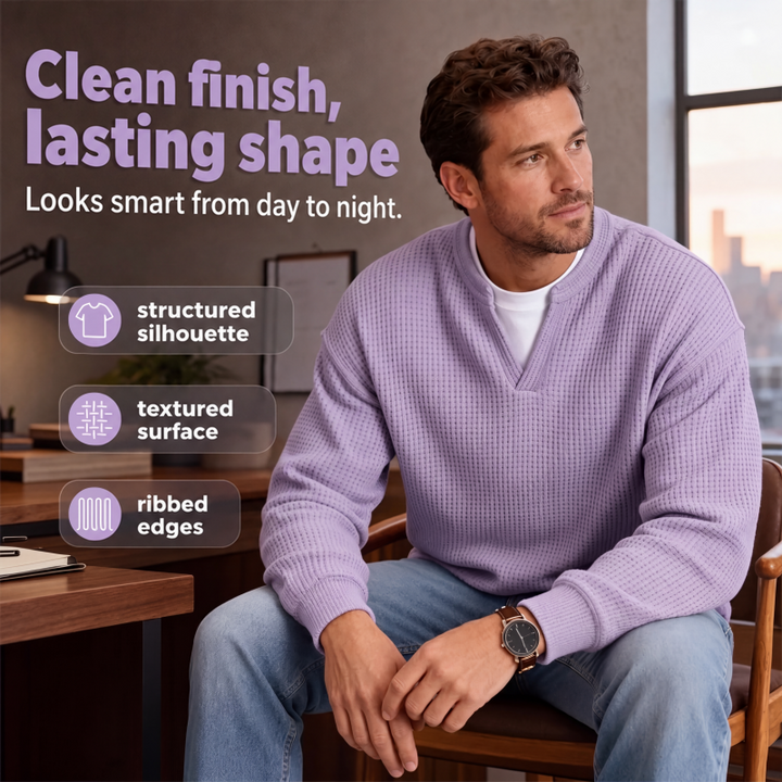 Seated model in the lavender top with a watch, beside icons for silhouette, texture and ribbed edges 6