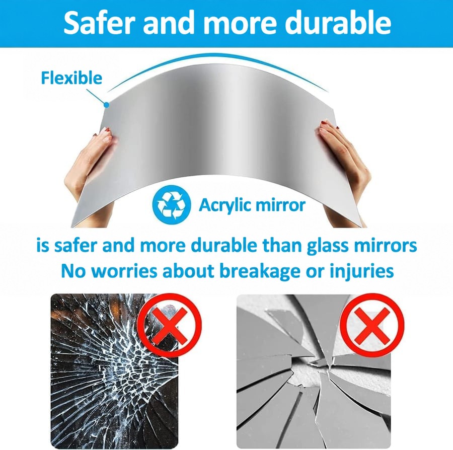 Hands bending a flexible mirror sheet, compared with cracked glass and shattered mirror pieces marked with red crosses 7