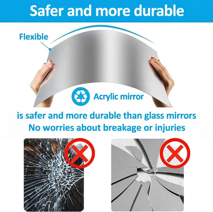 Hands bending a flexible mirror sheet, compared with cracked glass and shattered mirror pieces marked with red crosses 7