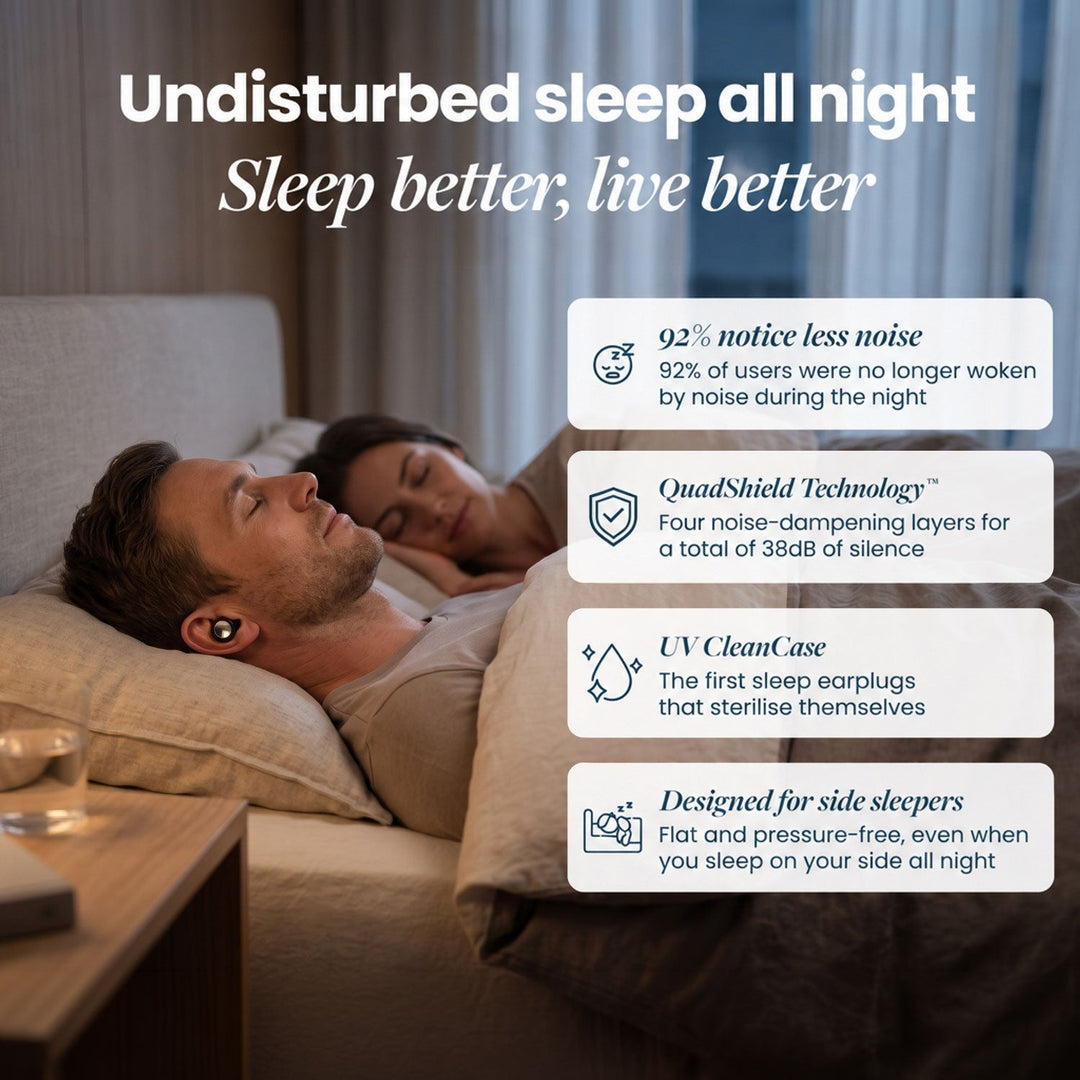 German version of the couple-in-bed photo, with four benefit boxes beside the sleeping man wearing an earplug 10