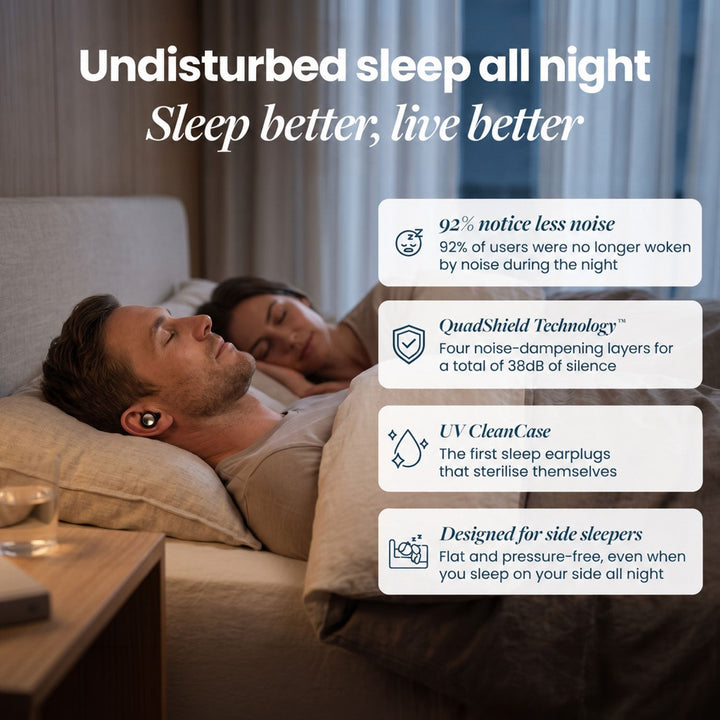 German version of the couple-in-bed photo, with four benefit boxes beside the sleeping man wearing an earplug 10