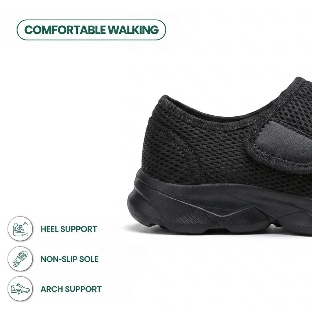 Close-up of the black shoe's heel and thick sole with icons about heel support, grip and arch support 13