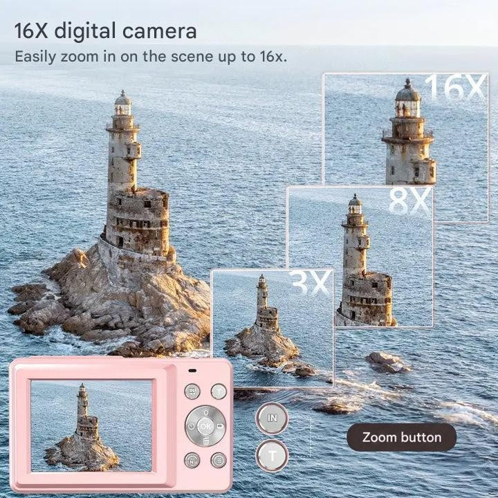 Pink camera screen showing a lighthouse, with 3x, 8x and 16x zoom comparison frames over a sea view 9