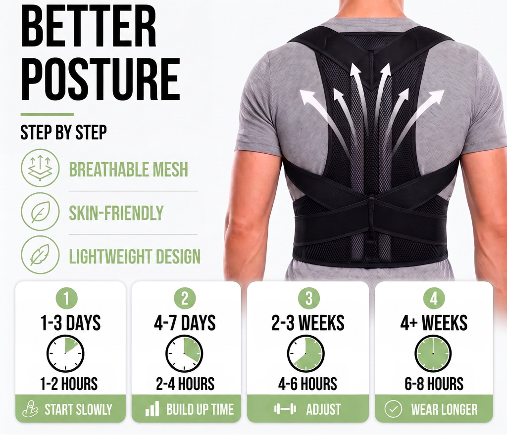 Back view of a man in a black mesh brace with airflow arrows and a wearing-time schedule 4