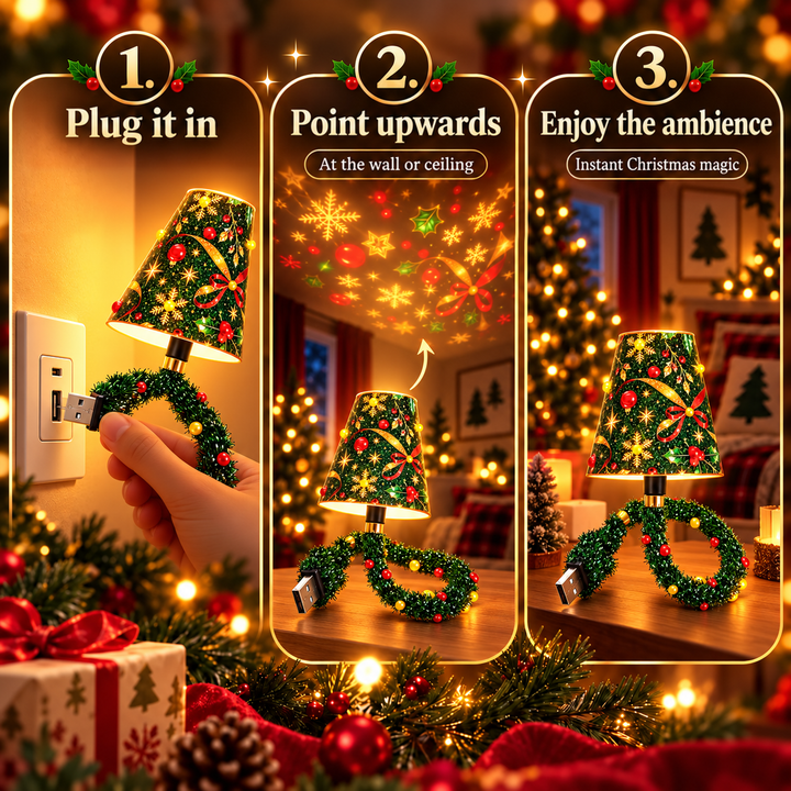 Three-step collage: plugging the lamp into a wall outlet, aiming it upward, then enjoying the glow 3