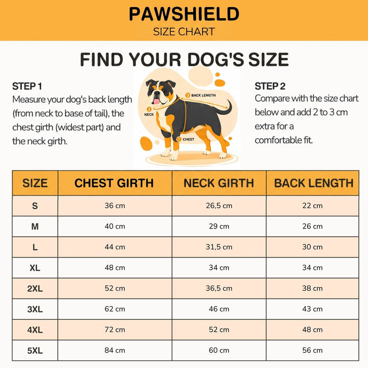 Size chart with a measuring diagram of a dog and a table of chest, neck and back lengths 10