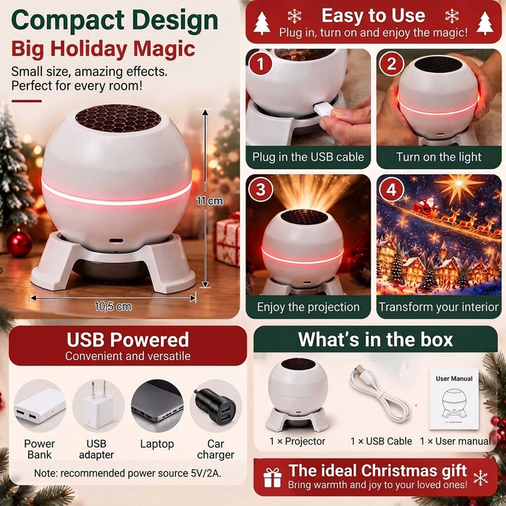 Infographic of the compact projector showing its size, setup steps, USB power options and box contents 5