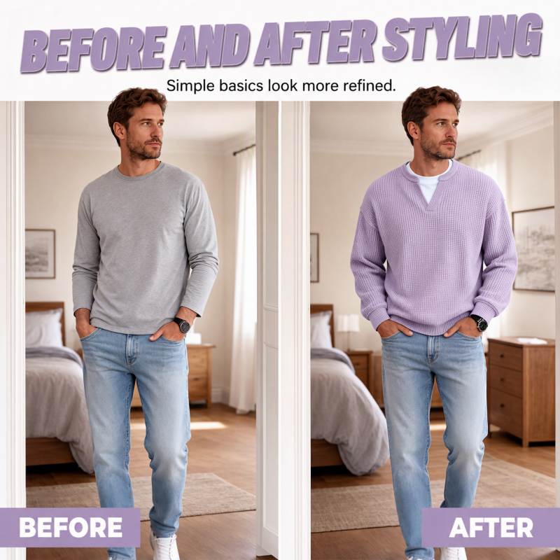 Before-and-after comparison: a plain gray long sleeve tee beside the lavender waffle knit top with jeans 2