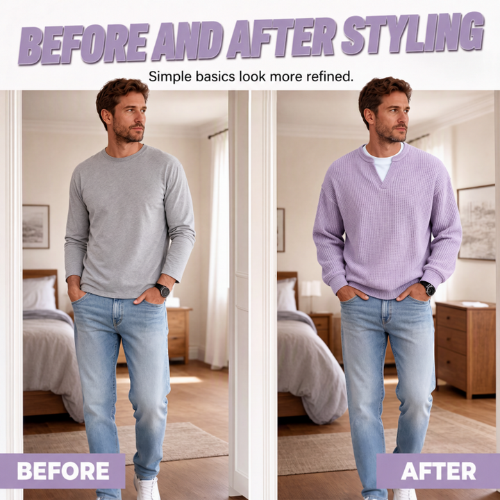 Before-and-after comparison: a plain gray long sleeve tee beside the lavender waffle knit top with jeans 2
