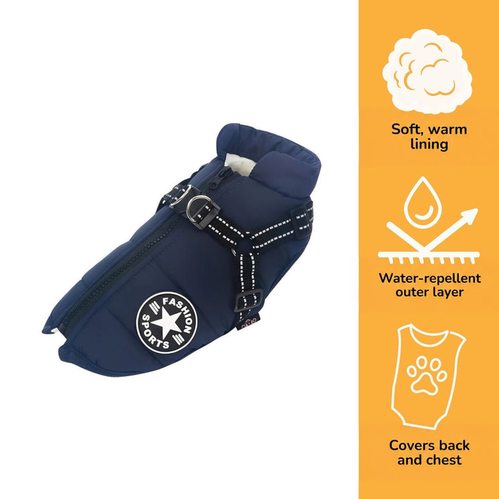 Navy padded coat with harness on white background, with icons for warm lining, water repellency and back coverage 4