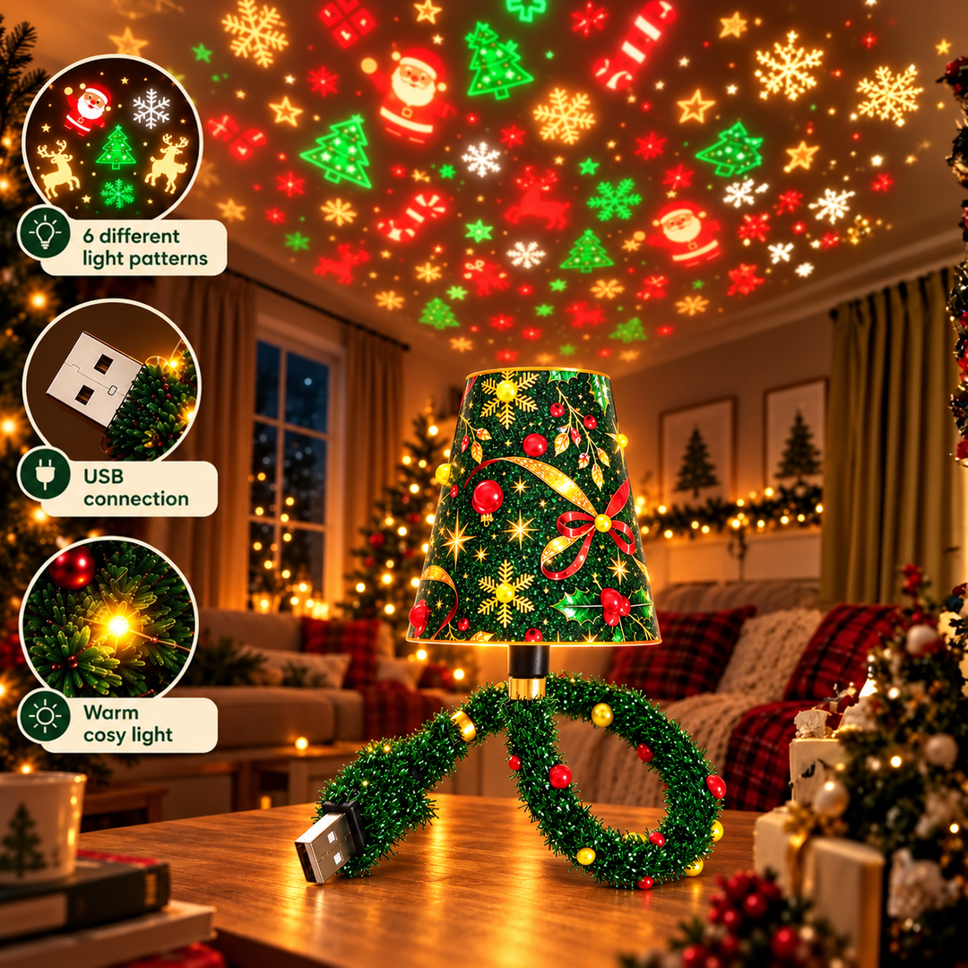 Lamp on a wooden table in a decorated living room, projecting Santas, trees and snowflakes onto the ceiling 2