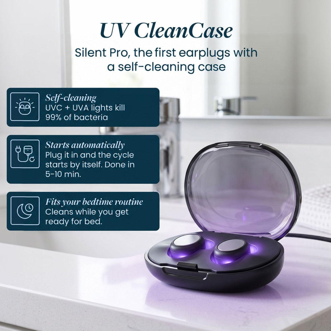 German version of the purple-lit open case on a bathroom counter, with self-cleaning benefit boxes 12