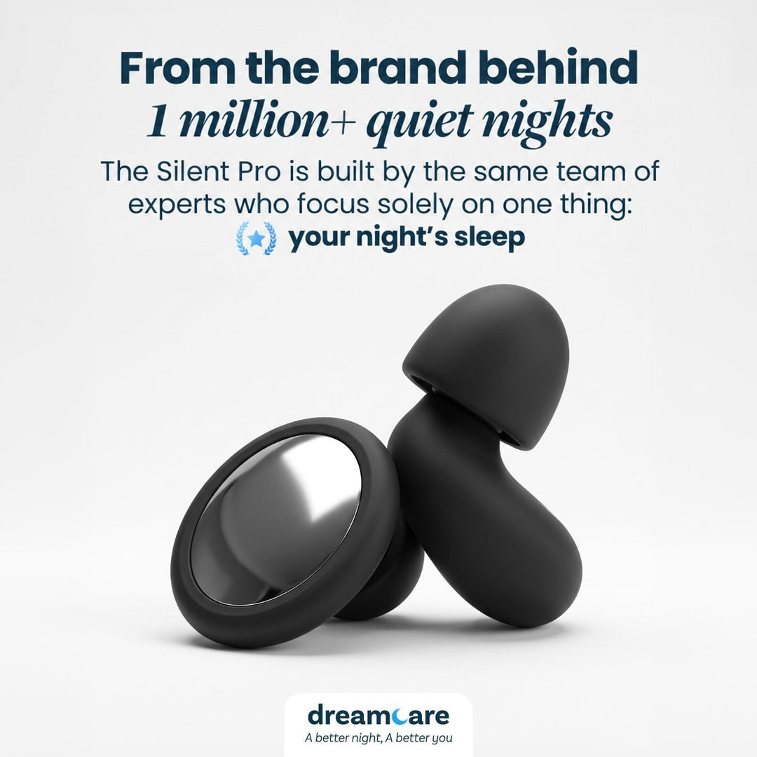 Two black earplugs standing against a plain light background, with text about the team behind the product 8