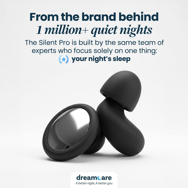 Two black earplugs standing against a plain light background, with text about the team behind the product 8