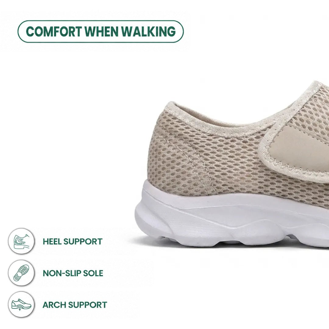 Close-up of the beige mesh heel and white sole, with icons highlighting heel support, non-slip sole and arch support 31