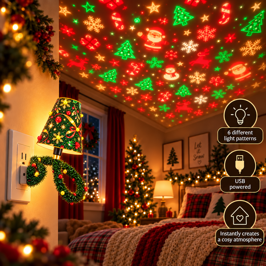 Lamp plugged into a wall outlet in a bedroom, casting red and green festive patterns across the ceiling 6