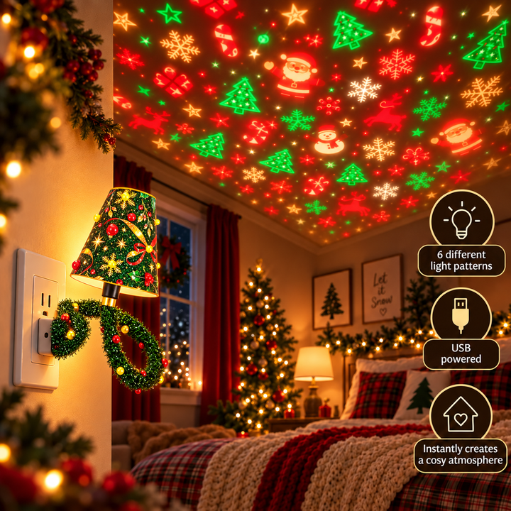 Lamp plugged into a wall outlet in a bedroom, casting red and green festive patterns across the ceiling 6
