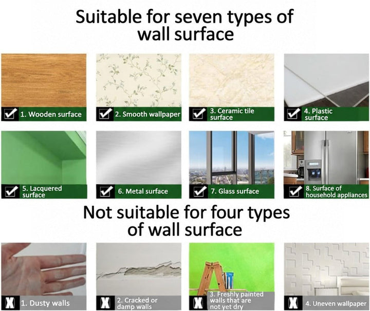 Grid of sample surfaces showing which wall types suit the mirror sheet and which do not 5