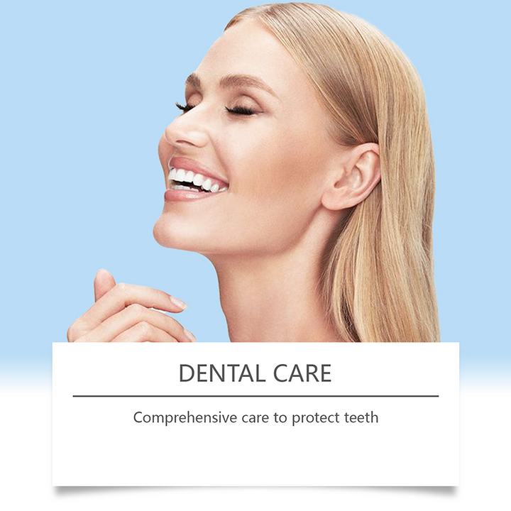 Smiling blonde woman with closed eyes and her head tilted back against a light blue background, with a dental care caption. 3