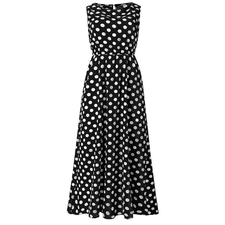 Black sleeveless midi dress with white polka dots and an elastic waist, shown flat on white 7