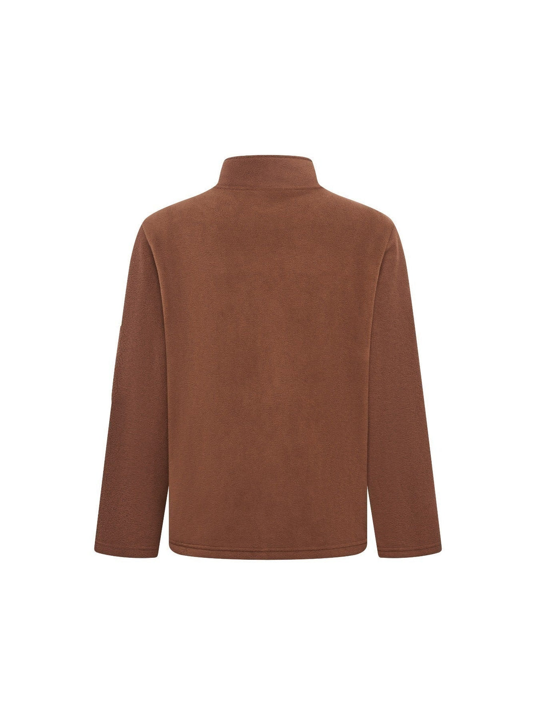 Back view of the brown fleece jacket showing a plain back, stand collar and sleeve pocket 7