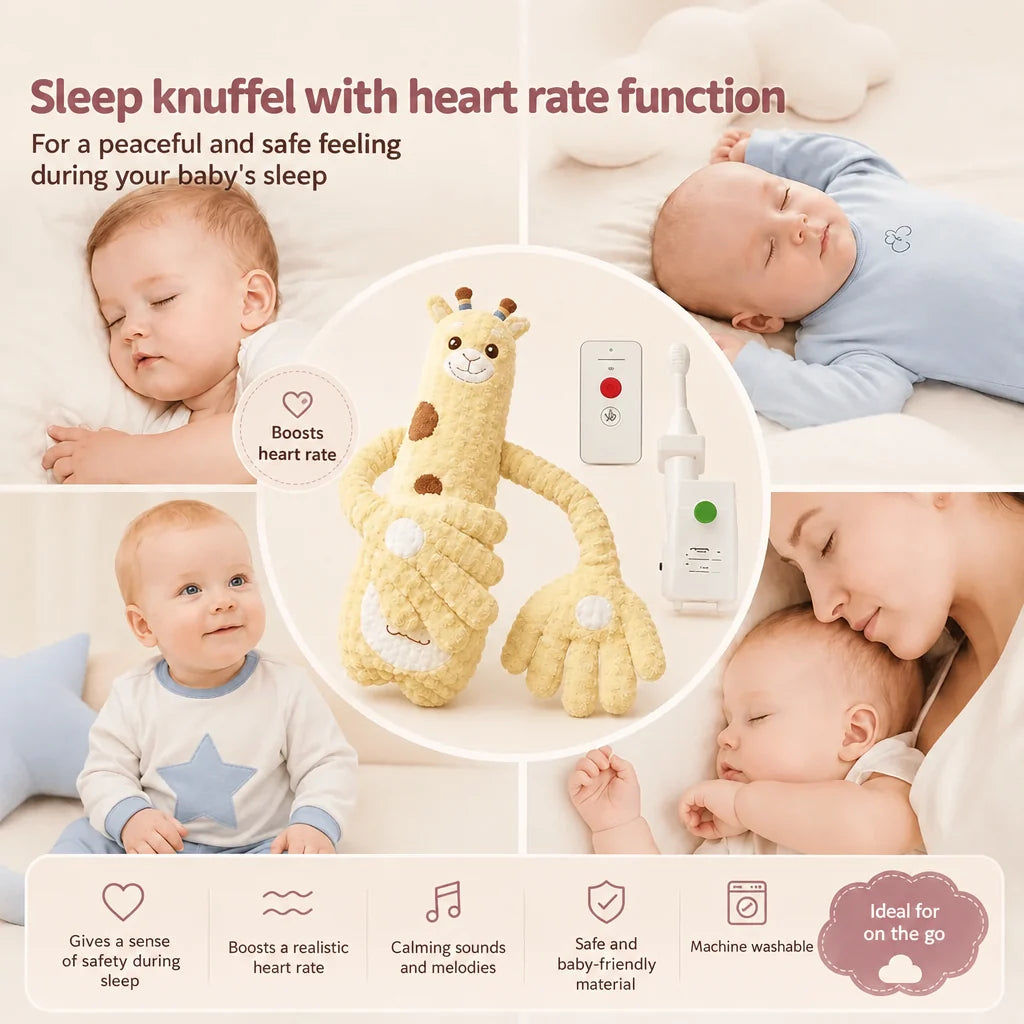 Collage of sleeping and smiling babies around a yellow plush giraffe, a remote and a small white control unit, with feature icons below. 5