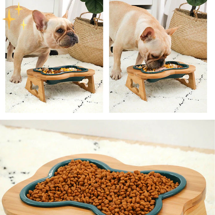 Ceramic Dog Food Bowl with Wooden Stand - BoneFeast-Green-Nora Luxe