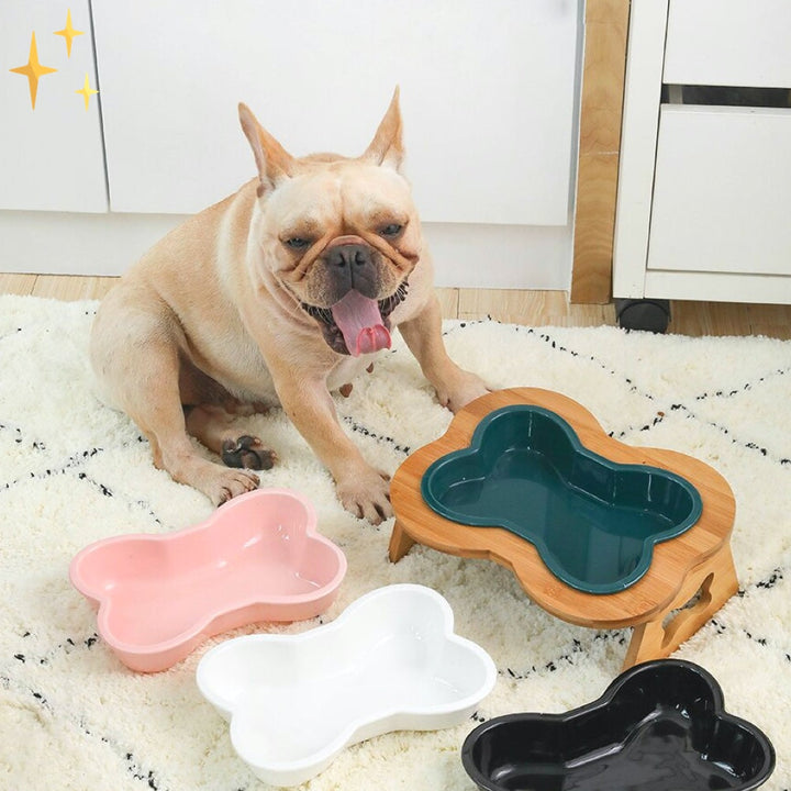 Ceramic Dog Food Bowl with Wooden Stand - BoneFeast-Green-Nora Luxe