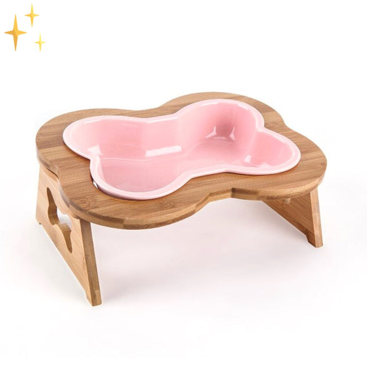 Ceramic Dog Food Bowl with Wooden Stand - BoneFeast-Pink-Nora Luxe
