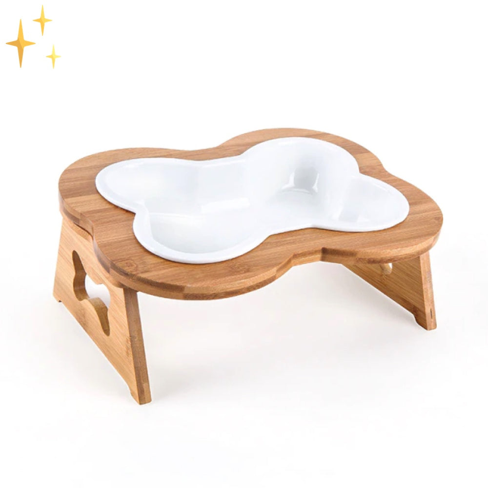 Ceramic Dog Food Bowl with Wooden Stand - BoneFeast-White-Nora Luxe