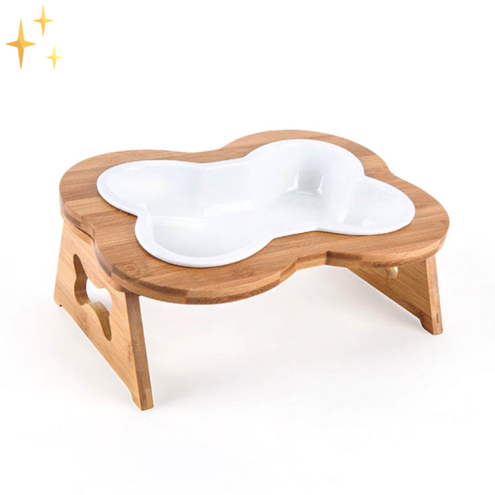 Ceramic Dog Food Bowl with Wooden Stand - BoneFeast-White-Nora Luxe