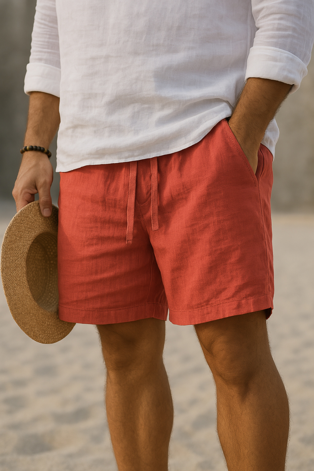 Lorenzo men's cotton-linen shorts in coral red worn with a white linen shirt on sand.