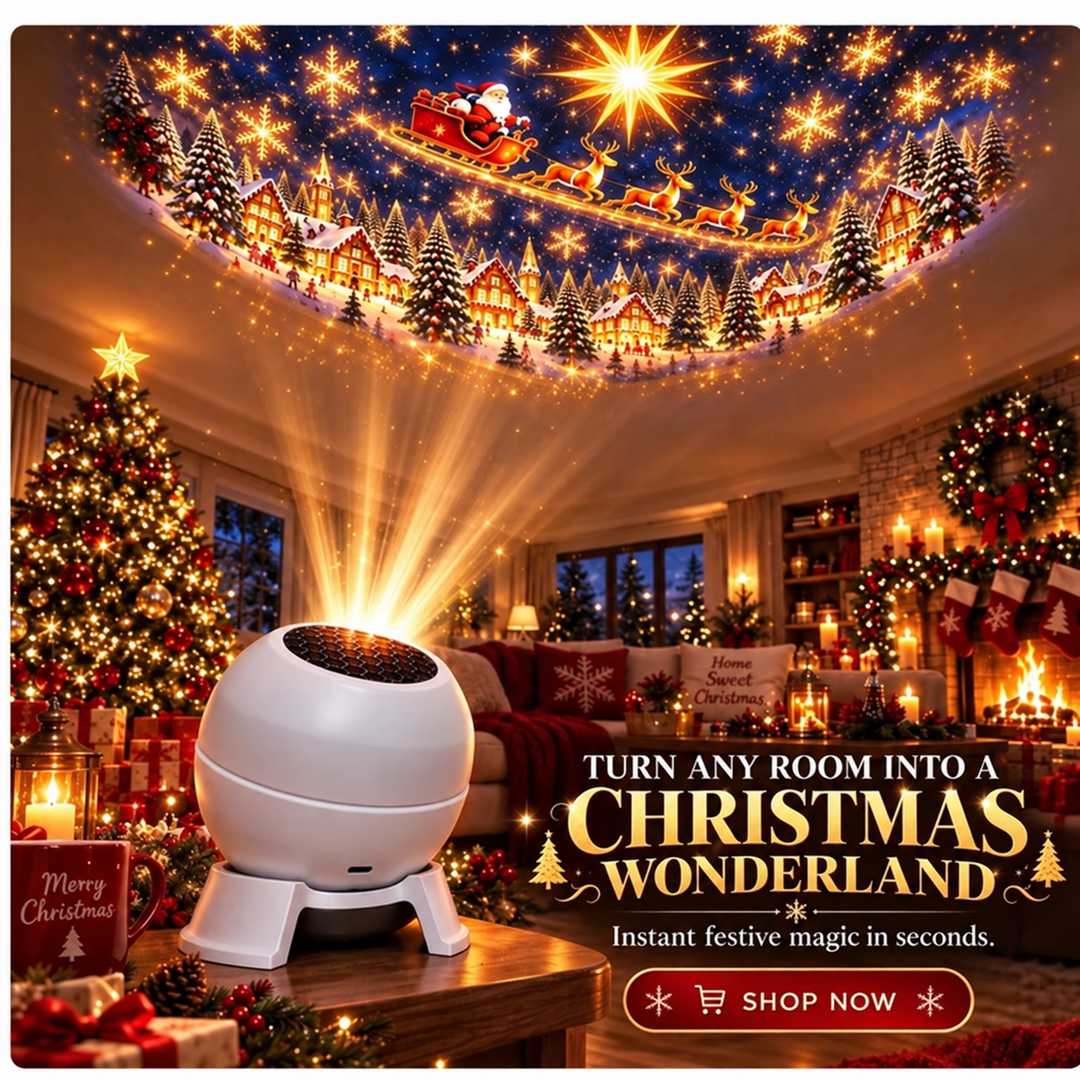 White round projector on a coffee table casting a Santa sleigh and village scene across the ceiling 1