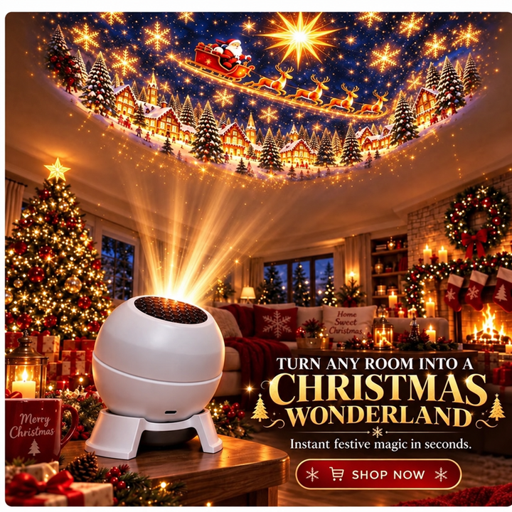 White round projector on a coffee table casting a Santa sleigh and village scene across the ceiling 1