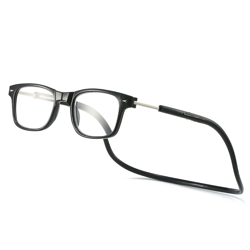 Black reading glasses with a flexible neck cord and slim metal temple arms.