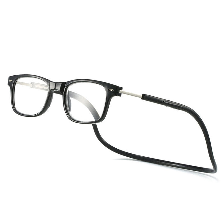 Black reading glasses with a flexible neck cord and slim metal temple arms.