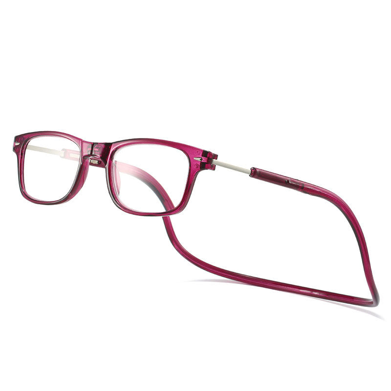Purple reading glasses with a flexible neck cord and metal temple arms.