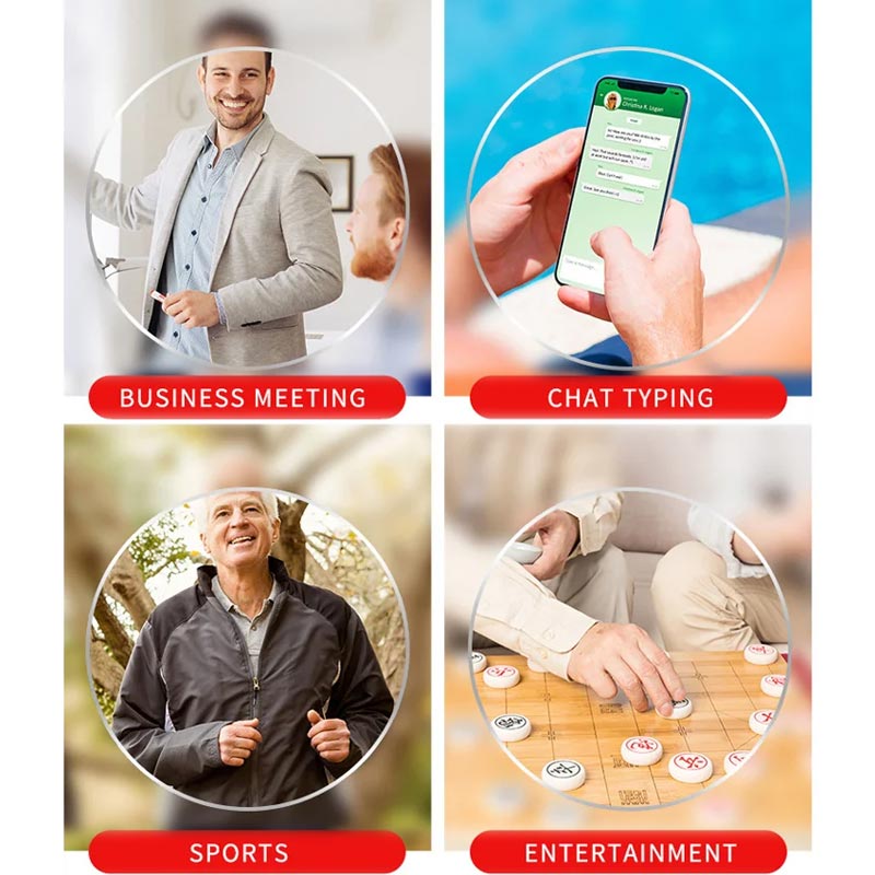 Reading glasses shown in everyday use with office, phone, jogging, and board game scenes.