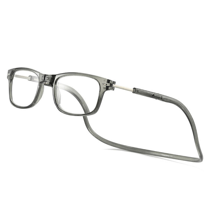 Gray reading glasses with a flexible neck cord and slim metal temple arms.
