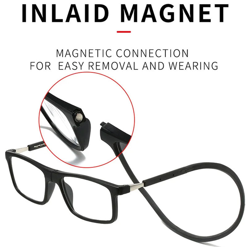 Black reading glasses with the neck cord detached and a close-up of the round magnet.