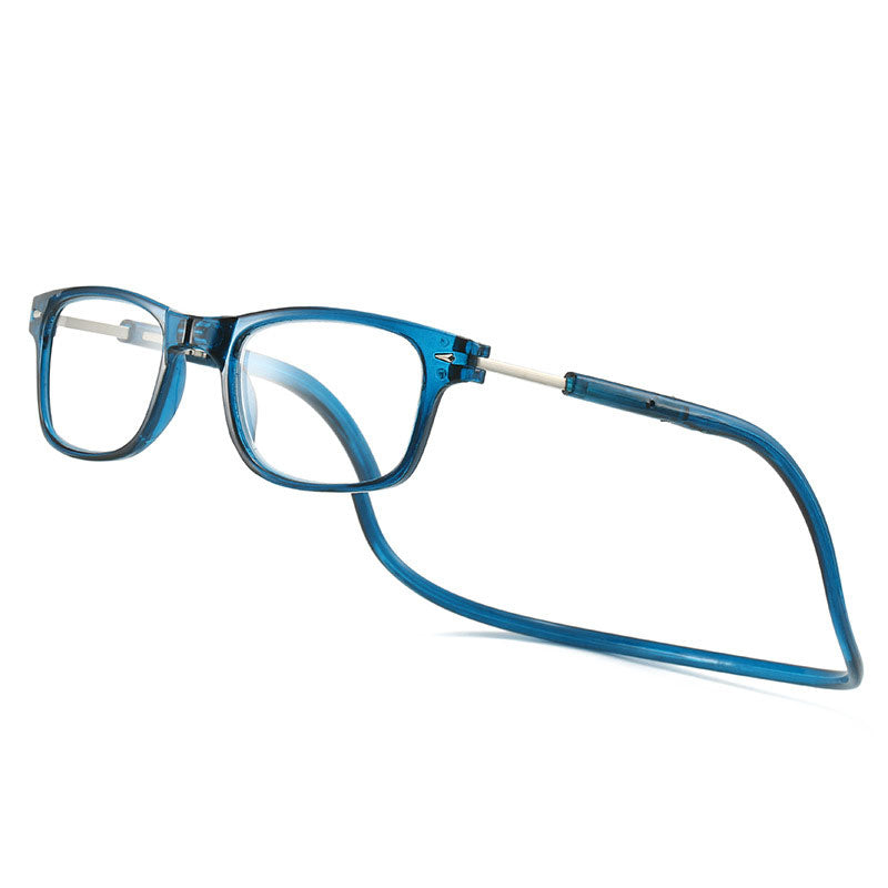 Blue reading glasses with a flexible neck cord and slim metal temple arms.