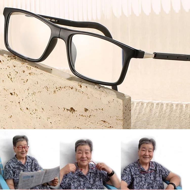 Black reading glasses resting on a stone block with an older woman wearing them around her neck.