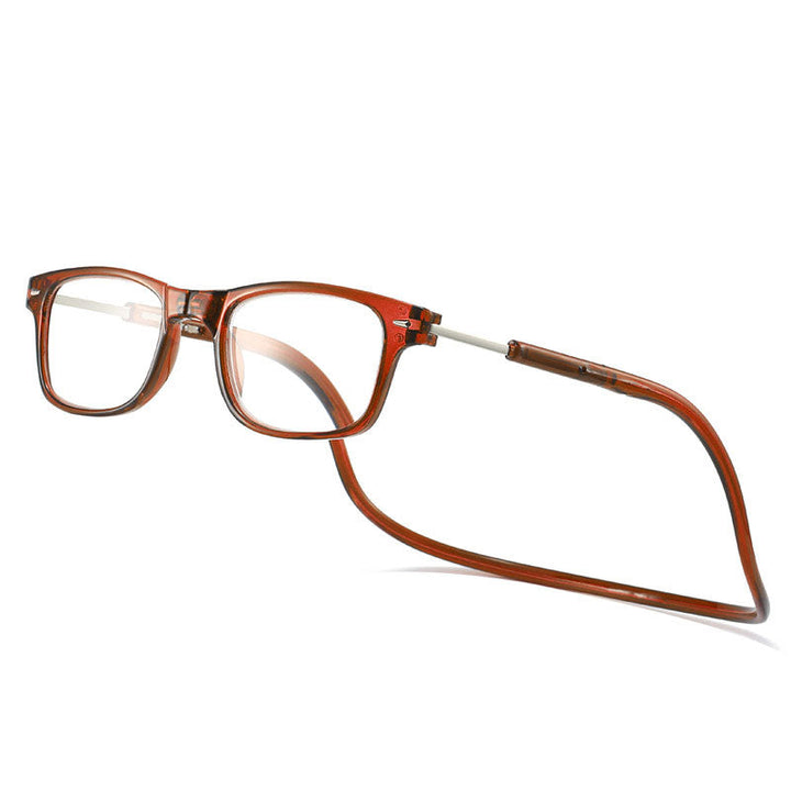 Reddish-brown reading glasses with a flexible neck cord and square frames.