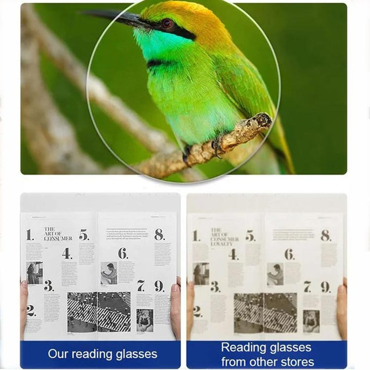 Image clarity comparison with a sharp bird and magazine page versus a duller page.